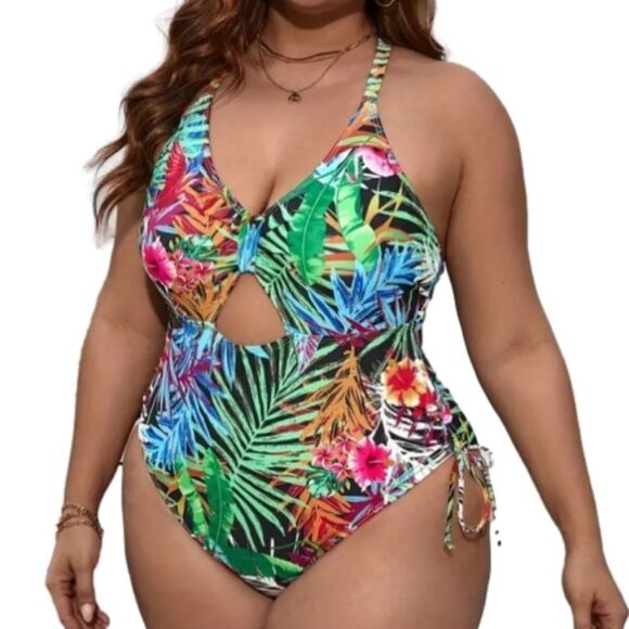 Plus Size Tropical Print Drawstring Cut Out One Piece Swimsuit sz 1X - Picture 1 of 7